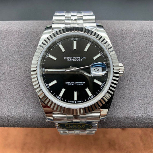 Men's Datejust Style Watch | Black Sunray Dial Fluted Bezel Date Window | Jubilee Bracelet Stainless Steel Luxury Chronometer Timepiece