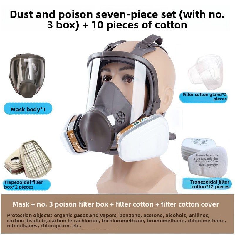 Full Face Respirator Gas Mask 7-Piece Set with No.3 Filter Box & 10 Filter Cotton | Industrial Chemical Protection Mask
