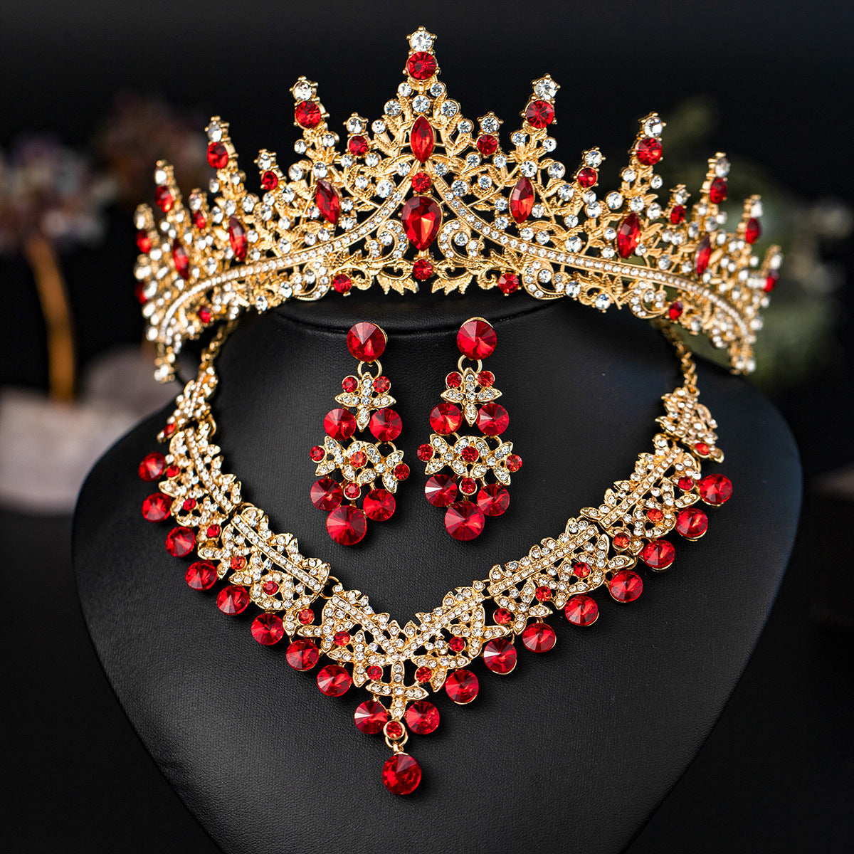 3 Piece Red Crystal Bridal Jewelry Set | Gold Crown Tiara Necklace & Earrings | Queen Wedding Pageant Party Jewelry Set