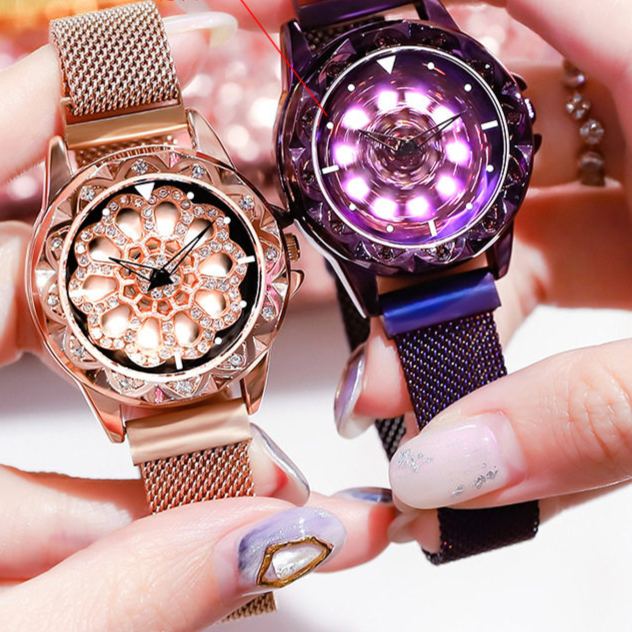 Women's Rose Gold Crystal Flower Watch | Hollow Floral Skeleton Dial | CZ Diamond Bracelet | Ladies Luxury Bling Watch | UAE
