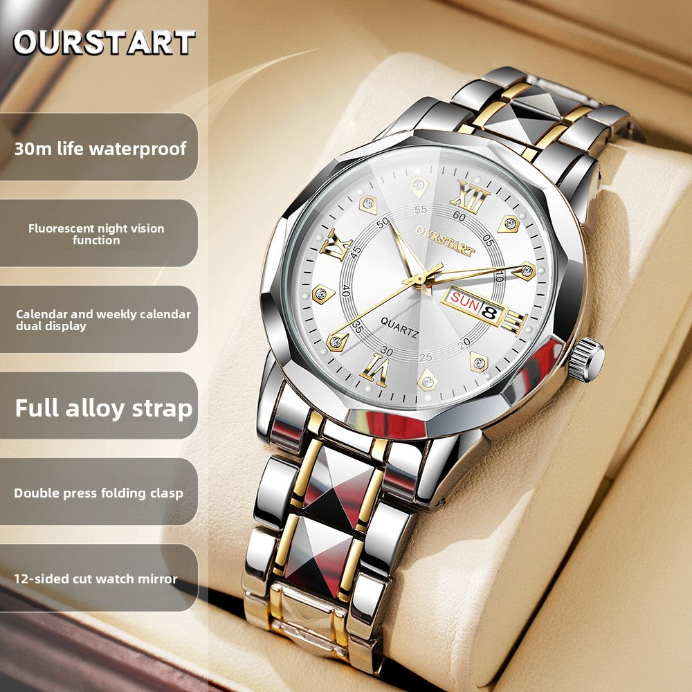 ساعة Ourstart الرجالية كوارتز تعرض التاريخ واليوم | مينا أسود، أرقام رومانية ذهبية، مؤشرات كريستالية | سوار ثنائي اللون بتصميم هرمي