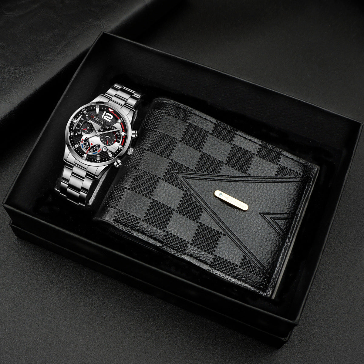 Geneva Men's 3-Piece Black Gift Set | Chronograph Watch + Cuban Link Bracelet + Cross Necklace Luxury Jewelry Box