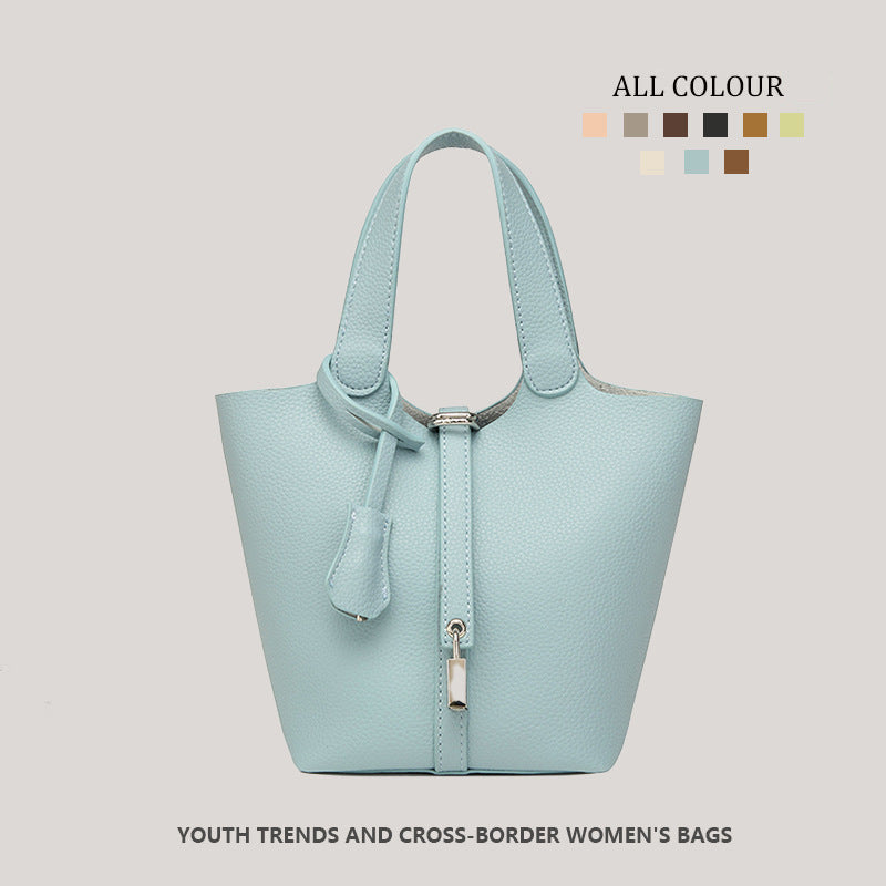 Taupe Pebbled Leather Tote Bag - Structured Bucket Bag with Lock Charm | Women's Everyday Shoulder Bag in Multiple Colors