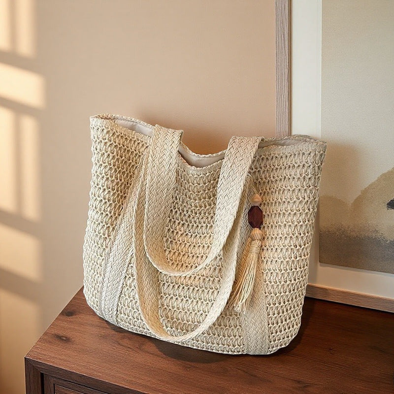 Natural Woven Straw Tote Bag with Tassel | Beach Crochet Shoulder Bag