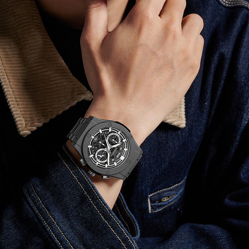 ساعة ABORNI Skeleton Chronograph للرجال | علبة فضية مكشوفة ببراغي، مينا مفتوح، سوار فولاذي، ساعة مزودة بتقويم