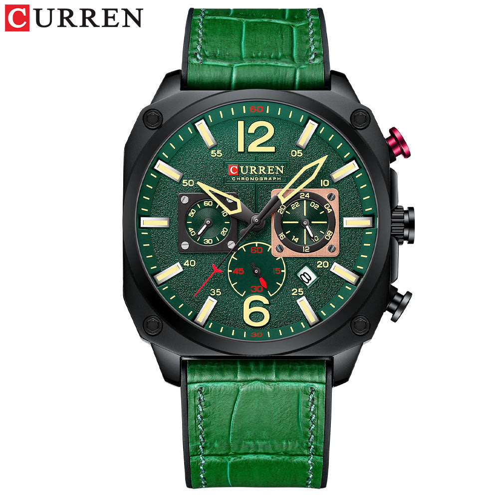 Curren Men's Chronograph Watch- Black Square Dial Leather Strap Quartz Watch with Date & Luminous Hands | Military Sport Style