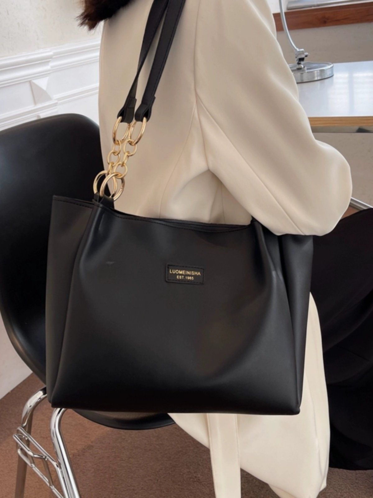 Beige Leather Tote Bag with Brown Straps & Gold Chain Detail | Two-Tone Shoulder Bag