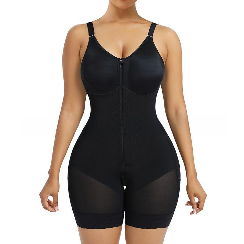 Women's Full Body Shapewear Bodysuit | Tummy Control Butt Lifter Fajas | Zipper Front Lace Hem Waist Trainer Nude Black