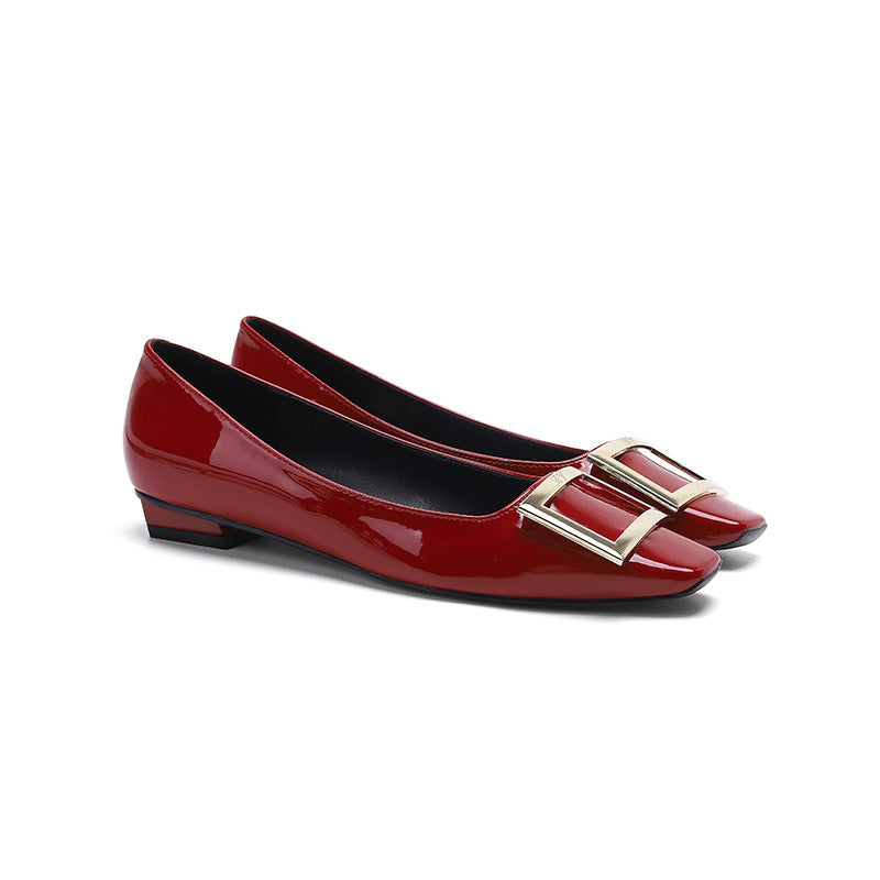 Nude Beige Patent Leather Square Toe Ballet Flats with Oversized Gold Square Buckle | Elegant Everyday Luxury Shoes for Women
