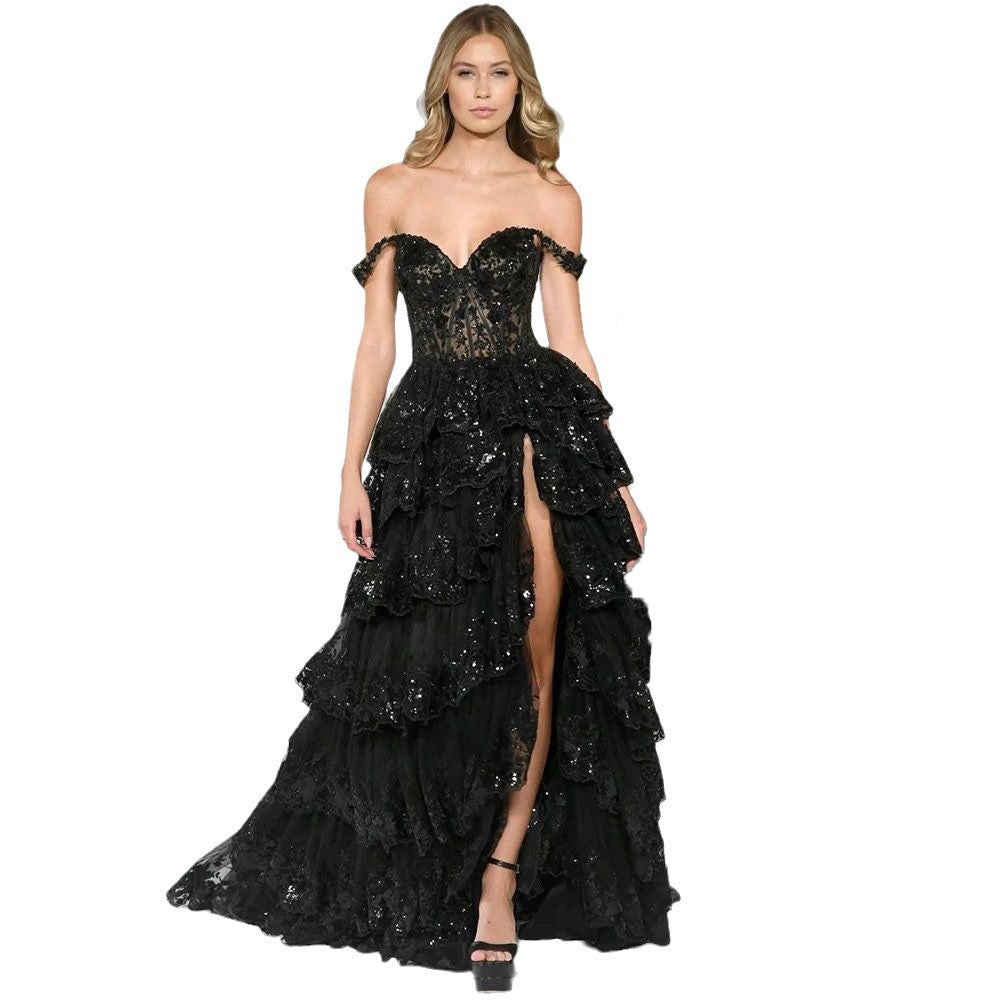 Black Off-Shoulder Sequin Lace Tiered Gown | Corset Ruffle Slit Formal Dress | Prom Evening Gown