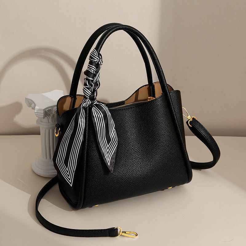 Black Leather Tote Bag Women | Scarf Handle Shoulder Handbag | Pebbled Crossbody Satchel Bag with Silk Ribbon Detail