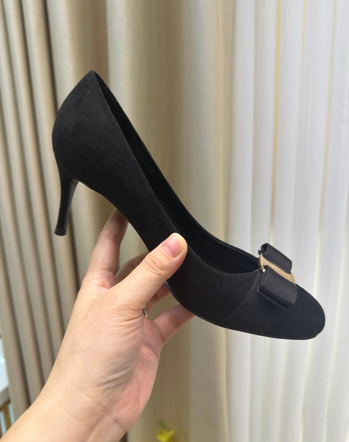 Grey Suede Round Toe Stiletto Pumps with Dark Purple Grosgrain Ribbon Bow & Gold Hardware | Elegant Luxury Heels for Women