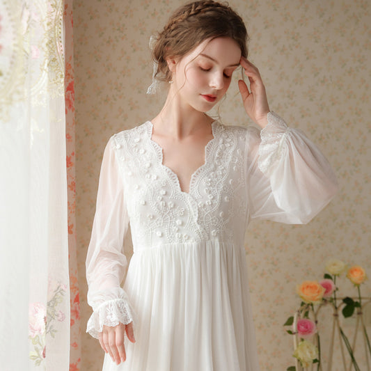 Women's White Victorian Lace Mesh Maxi Nightgown Elegant Long Sleeve Floral Applique Bridal Sleep Dress Sleepwear
