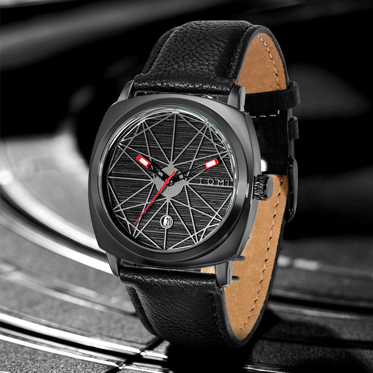 TOMI All Black Geometric Dial Men's Watch | Red Accent Hands Cushion Case Black Leather Strap Date Watch