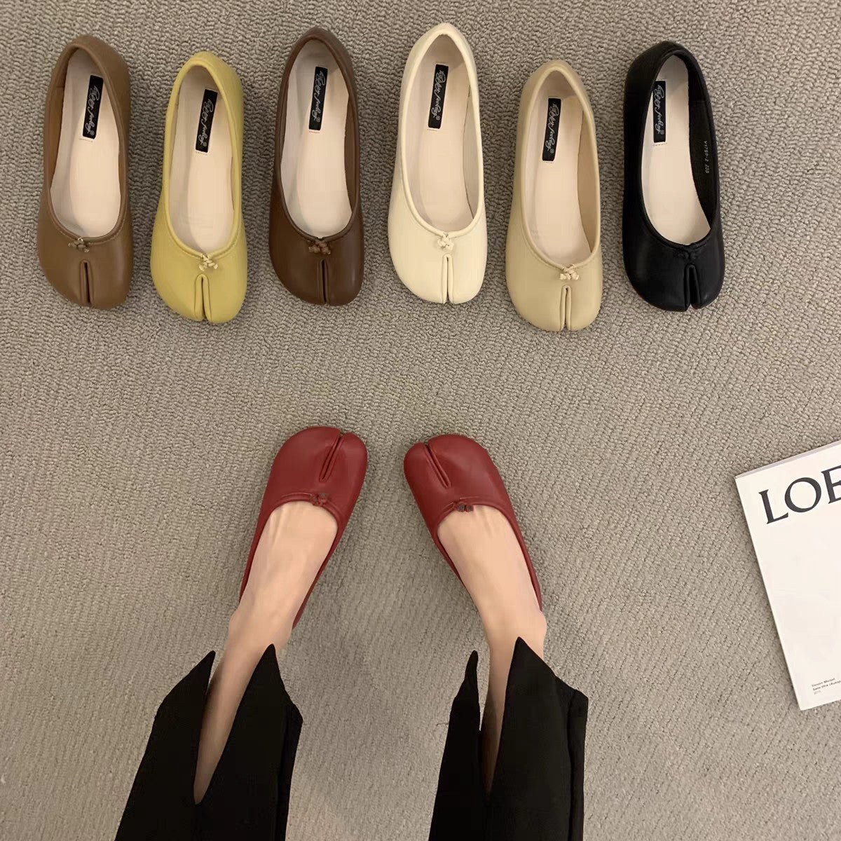 Black Leather Split Toe Tabi Ballet Flats | Japanese Inspired Bifurcated Flat Shoes for Women
