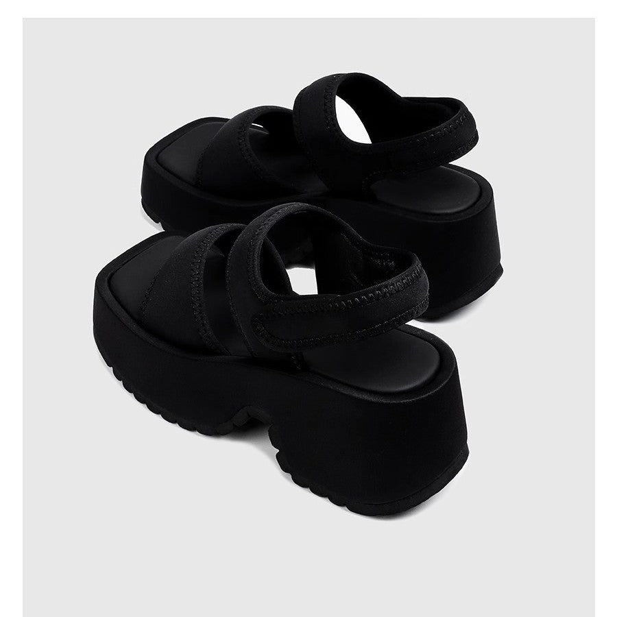 Black Chunky Platform Sandals for Women | Velcro Strap Open Toe Flatform Sandals | Thick Lug Sole Casual Platform Shoes | Edgy Street Style Summer Sandals
