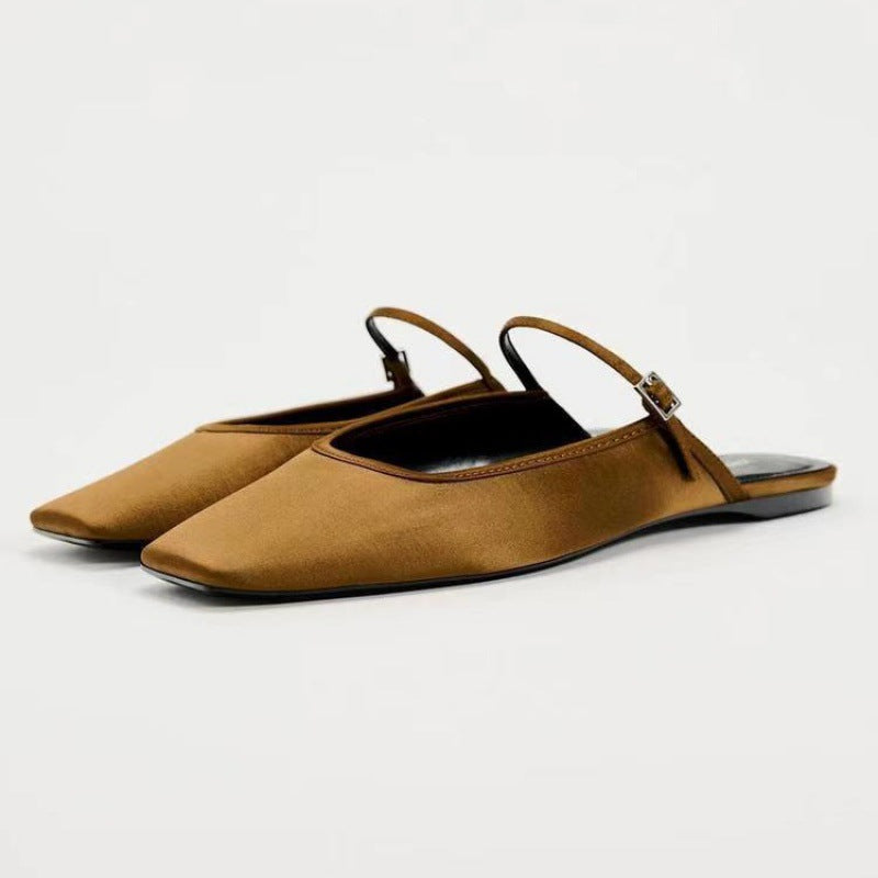 Zara Satin Square Toe Mule Flats | Black White Gold Orange Slip-On Flat Shoes for Women