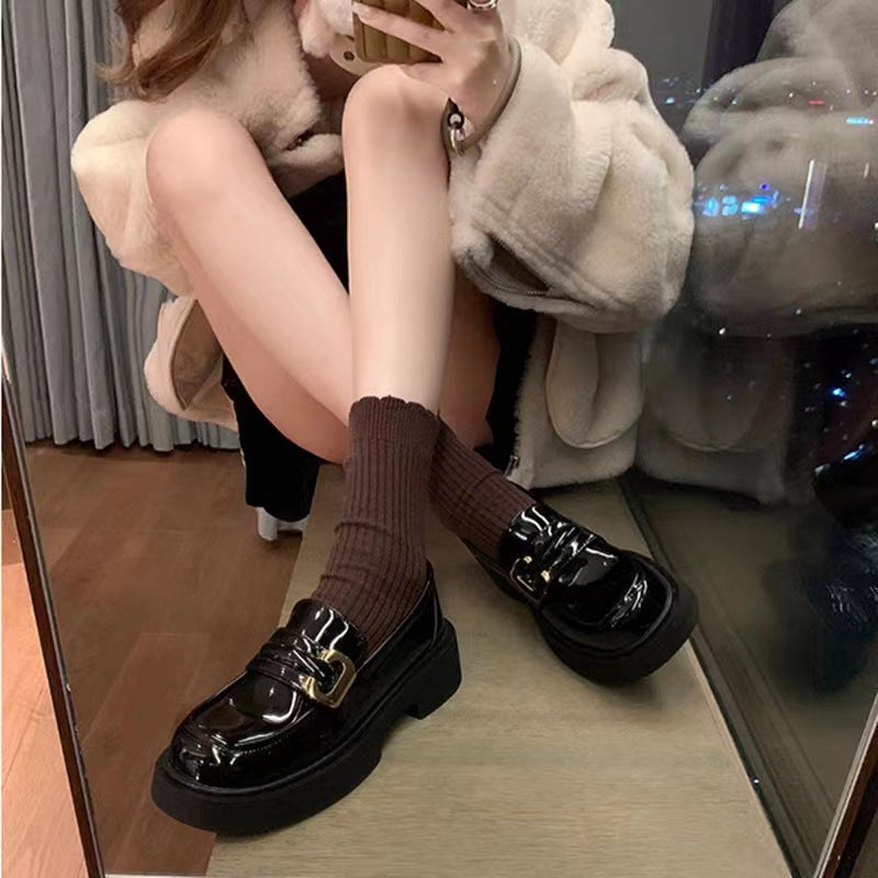 Black Leather Platform Loafers for Women | Gold Chain Bit Hardware Chunky Sole Slip-On Loafers | Square Toe Thick Platform Dress Shoes | Luxury Style Everyday Loafers