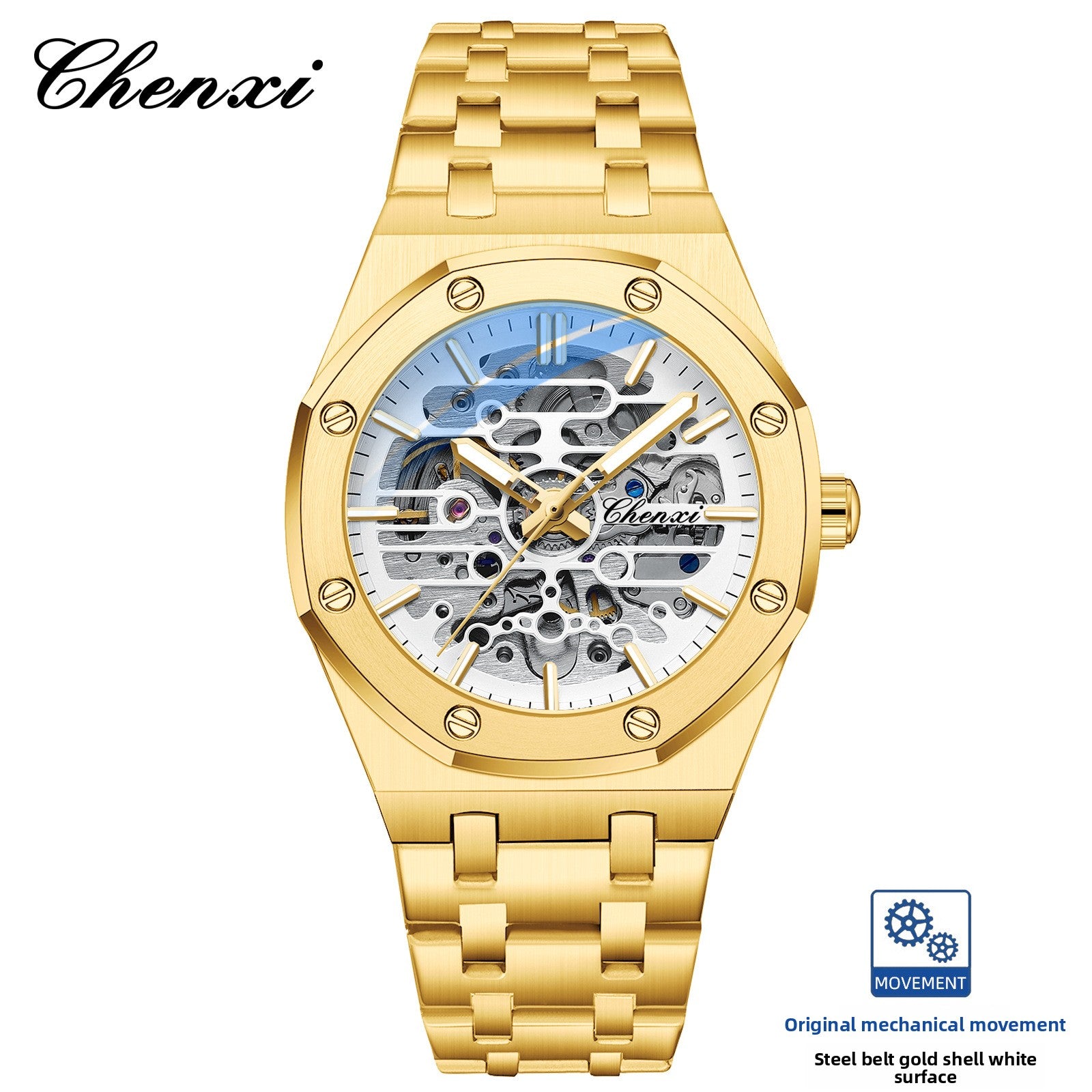 Chenxi Men's Skeleton Mechanical Watch | Royal Oak Style Octagonal Screw Bezel Blue Accent | Silver Stainless Steel Bracelet Luxury Timepiece