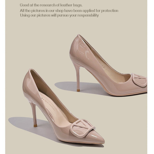 Black Patent Leather Pointed Toe Stiletto Pumps with Square Patent Buckle Toe Detail | Luxury Designer Heels for Women