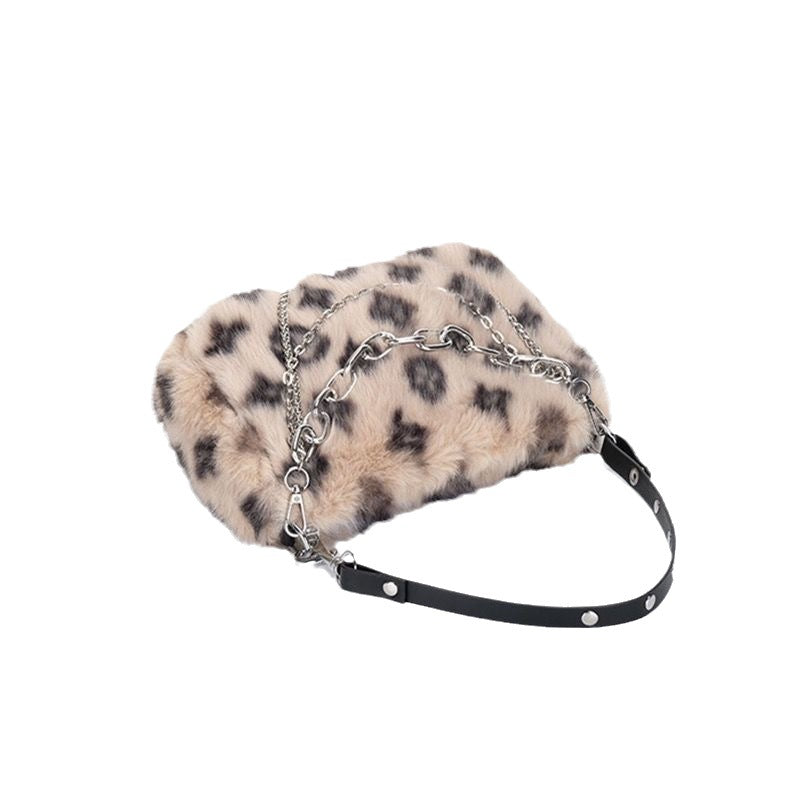 Gray Faux Fur Handbag with Silver Chain | Fluffy Shoulder Bag