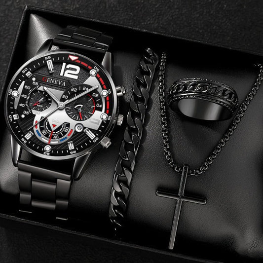 Geneva Men's 4-Piece Watch Gift Set | Chronograph Watch + Cuban Bracelet + Cross Necklace + Spinner Ring | Silver Jewelry Box Set