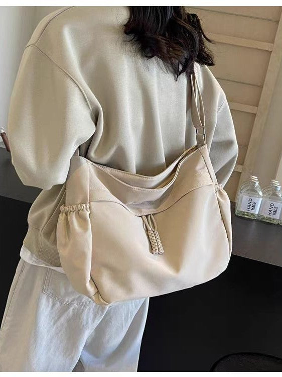 Brown Nylon Slouchy Shoulder Bag - Gathered Hobo Bag with Braided Cord Detail | Lightweight Casual Crossbody Tote
