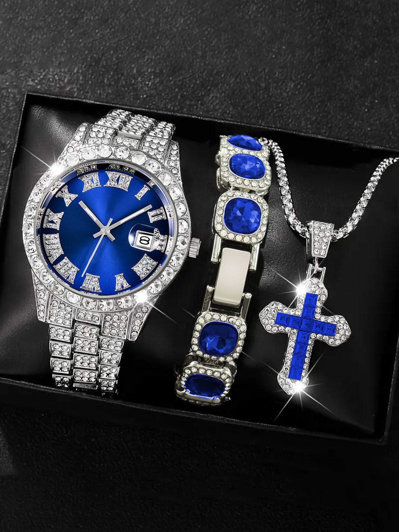 Men's Iced Out Green Emerald Watch Bracelet & Cross Necklace Set | Gold CZ Diamond Hip Hop Jewelry Gift Box