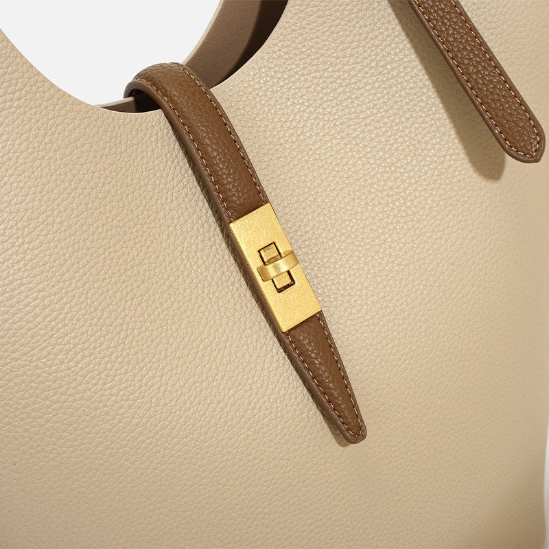 Luxury Leather Bucket Tote Bag with Gold Twist Lock | Women's Designer-Style Shoulder Bag in Beige & Brown Contrast Strap | Everyday Handbag for Work & Travel