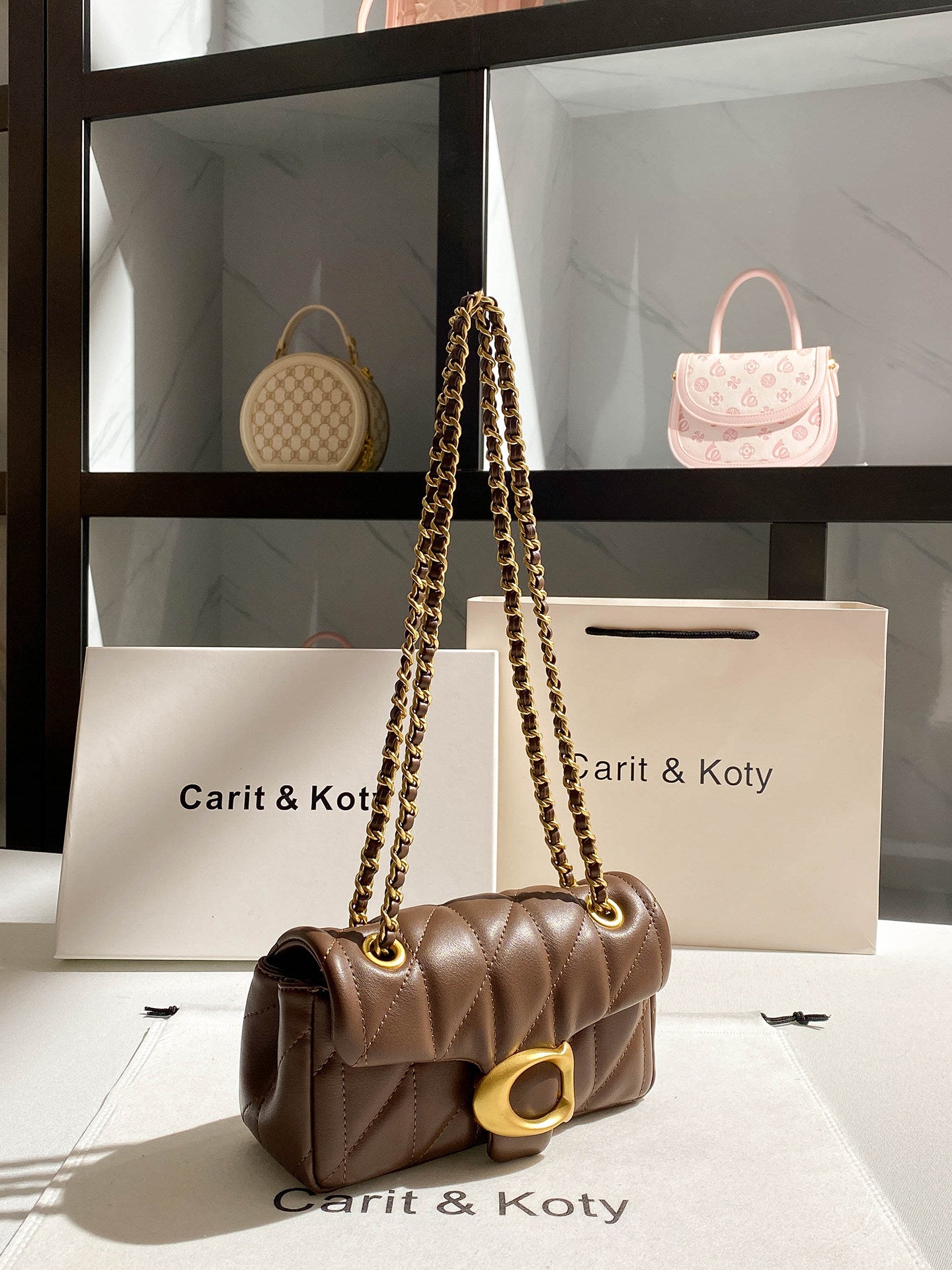 Brown Quilted Leather Shoulder Bag - Designer Inspired Flap Bag with Chain Strap | C Clasp Crossbody with Gold Hardware
