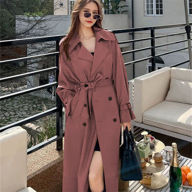 Women's Black Long Trench Coat with Belt, Double Breasted Lapel Collar and Midi Length for Fall and Winter