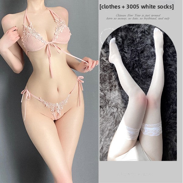 Women's Pink Floral Lace Halter Bra & Thong Lingerie Set ? Sexy 2-Piece Tie Side Intimate Set