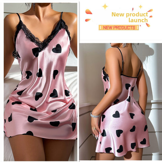 Women's Red Satin Heart Print Lace Trim Slip Nightgown ? Sexy V-Neck Mini Sleep Dress
