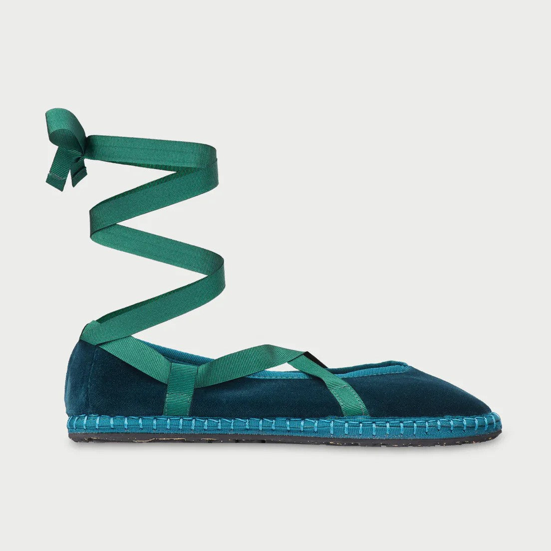Women's Teal Velvet Lace-Up Espadrille Ballet Flats ? Ankle Wrap Ribbon Tie Ballerina Shoes