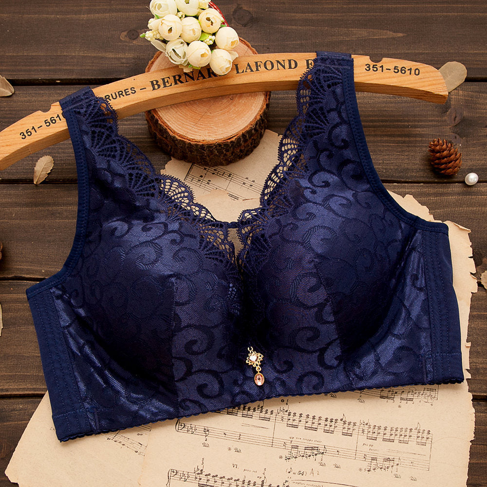 Women's Black Floral Lace Wireless Bra with Gold Charm Detail, Wide Straps and V Neckline for Everyday Elegance
