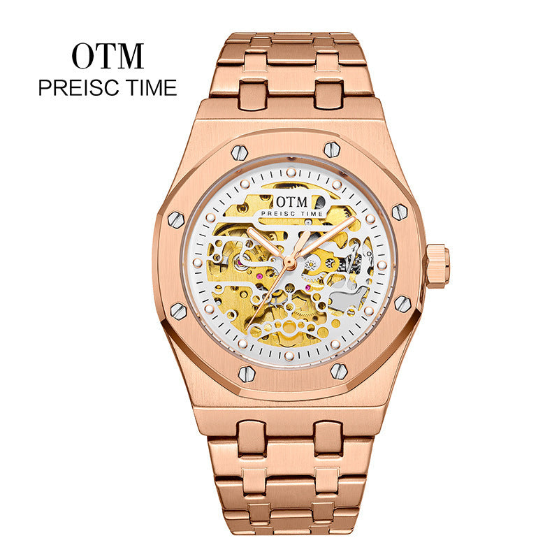 OTM Preisc Time Herren-Skelett-Automatikuhr | Silbernes achteckiges Gehäuse, Goldwerk, 30 m wasserdicht, Royal Oak-Stil
