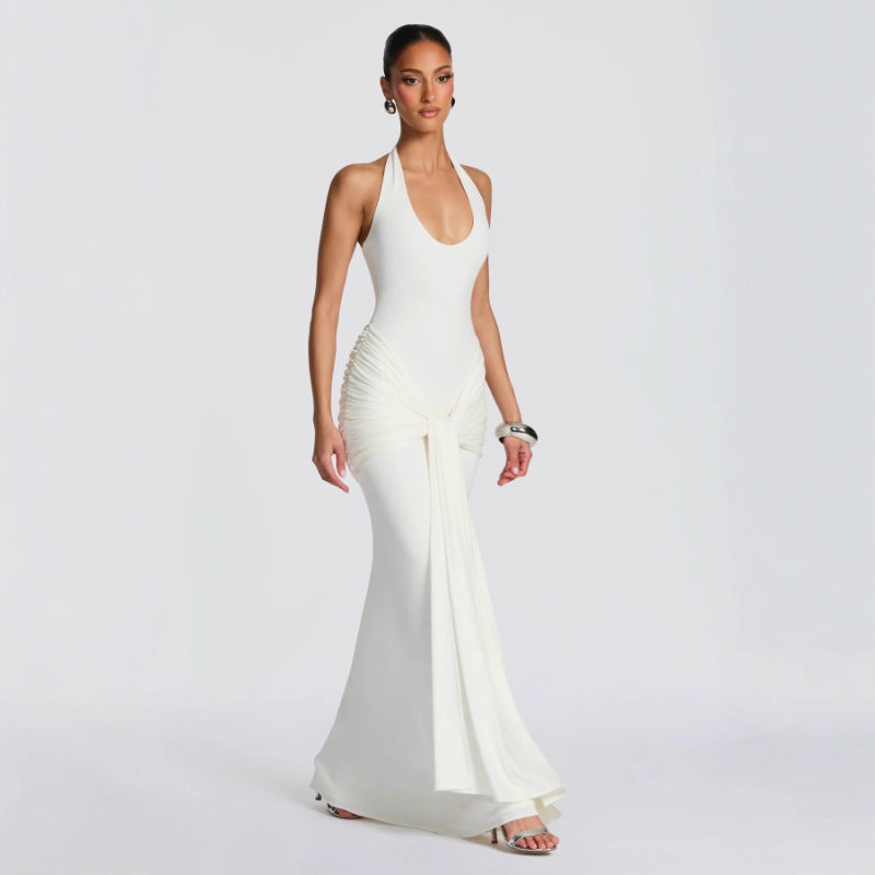 White Halter Neck Maxi Dress | Ruched Twist Front Backless Gown | Elegant Evening Formal Dress for Women