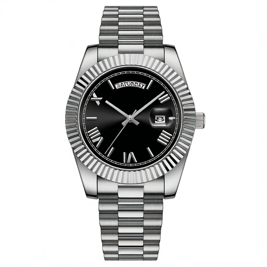 Carsikie Arabic Numeral Watch Men | Black Sunray Dial | Fluted Bezel President Style | Day Date Silver Stainless Steel Watch
