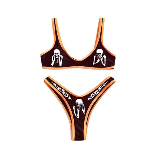 Gothic Skeleton Bikini Set | Black Pink Rupture Graphic Scoop Top & High Cut Bottoms | Edgy Alternative Grunge Two Piece Swimsuit Women