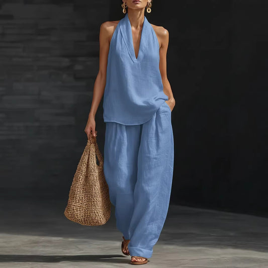 Women's 2 Piece Linen Halter Neck Top & Wide Leg Pants Set | Casual Boho Summer Co-Ord Outfit | Beach Vacation Loungewear | Burgundy