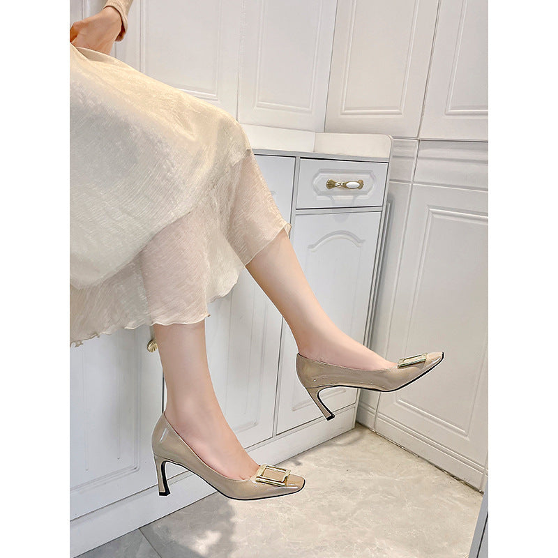 Nude Beige Patent Leather Square Toe Ballet Flats with Oversized Gold Square Buckle | Elegant Everyday Luxury Shoes for Women