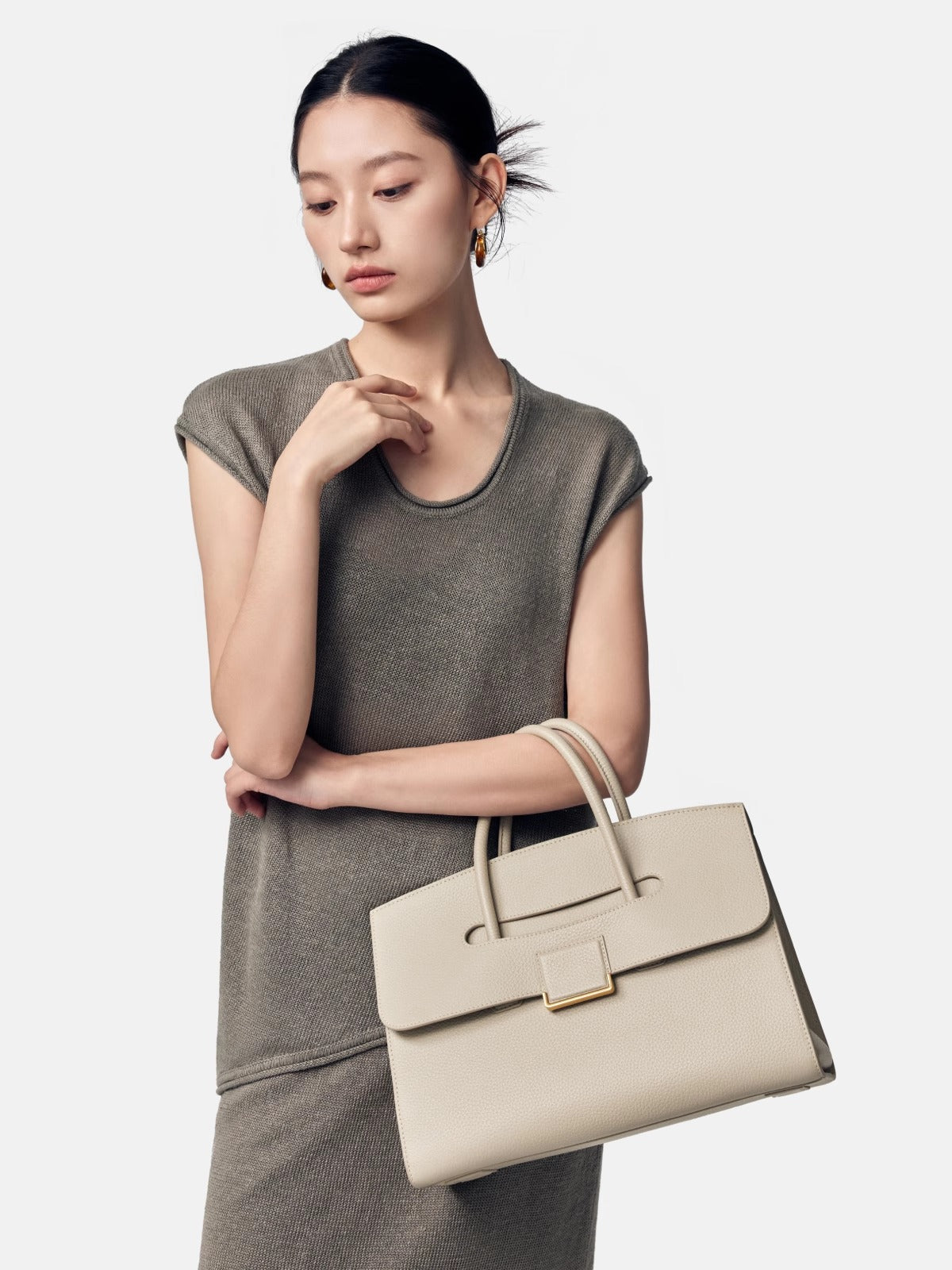 Cream Structured Top Handle Bag | Classic Leather Handbag