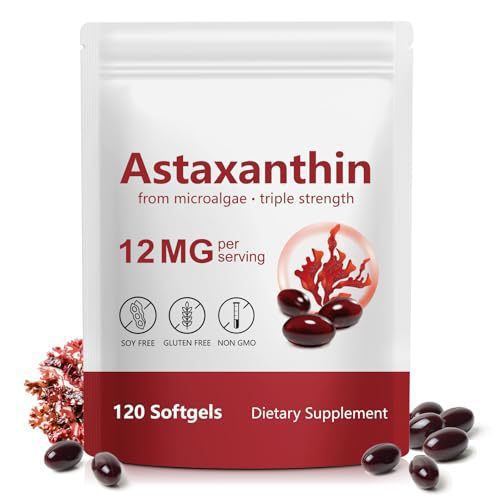 Astaxanthin 12mg Triple Strength 120 Softgels from Microalgae Soy Free Gluten Free | Natural Antioxidant Supplement for Skin Eye Joint Heart Health