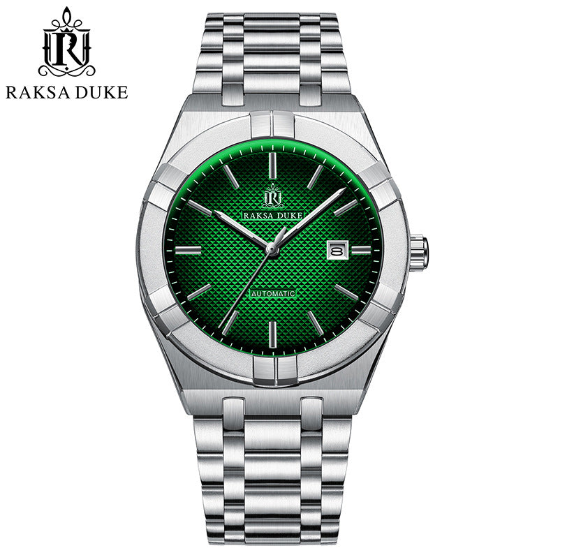 RAKSA DUKE Men's Automatic Watch | Black Textured Dial | Brushed Stainless Steel Bracelet | Self-Winding Mechanical Dress Watch with Date