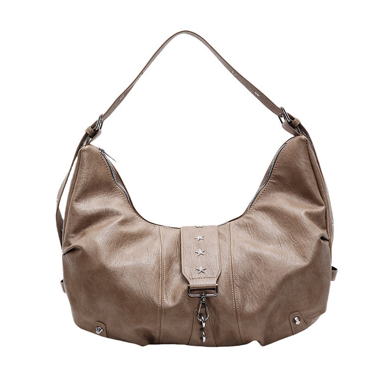 Black Leather Hobo Bag with Star Studs | Slouchy Shoulder Bag with Zip Detail