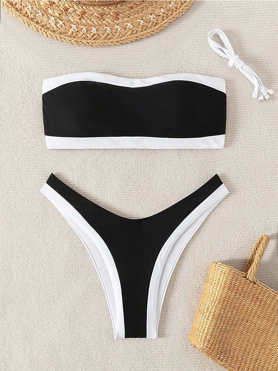 Black White Color Block Bandeau Bikini Set | Contrast Trim High Cut Cheeky Bottom Swimsuit | Women's Sexy Swimwear