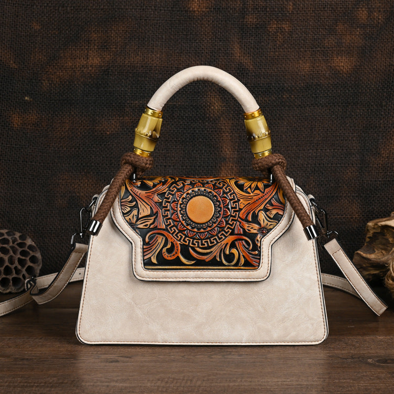 Black Leather Handbag with Tooled Design - Artisan Embossed Shoulder Bag with Braided Handle | Bohemian Ethnic Satchel