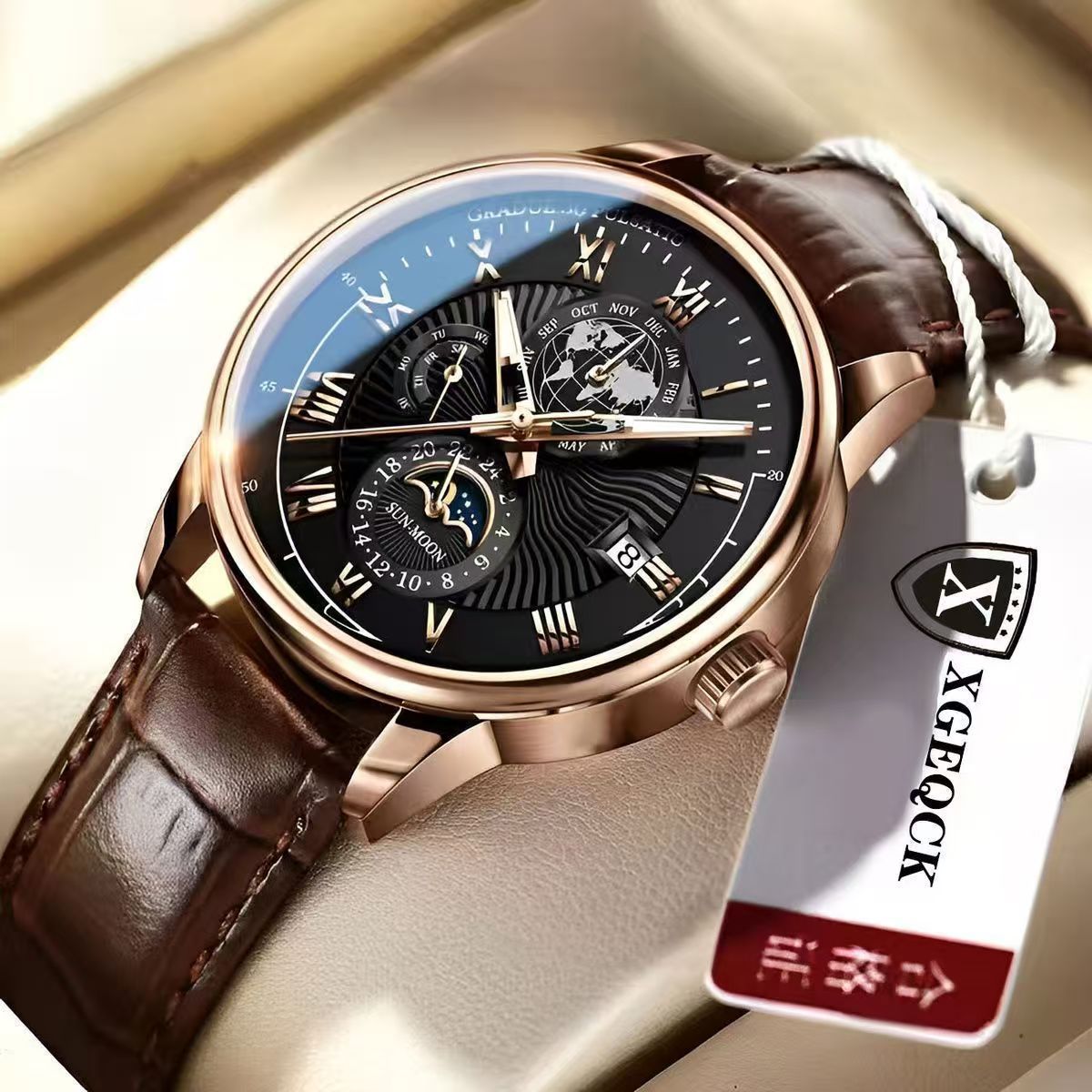 Men's Multi-Complication Moon Phase Watch | Rose Gold White Dial Globe World Map | Pulsation Scale Month Calendar Brown Leather