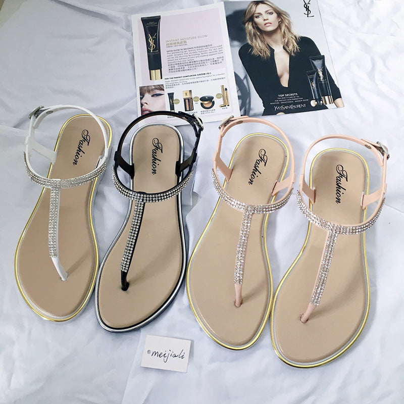 Rhinestone Crystal T-Strap Thong Flat Sandals | White Black Pink Diamante Ankle Strap Beach Sandals for Women