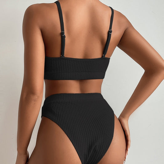 Black Ribbed Textured Bikini Set, Spaghetti Strap Crop Top & High Waist Bottom, Women Solid Minimalist Swimwear, Sporty Chic Beach Swimsuit, Tummy Control Two Piece Bathing Suit
